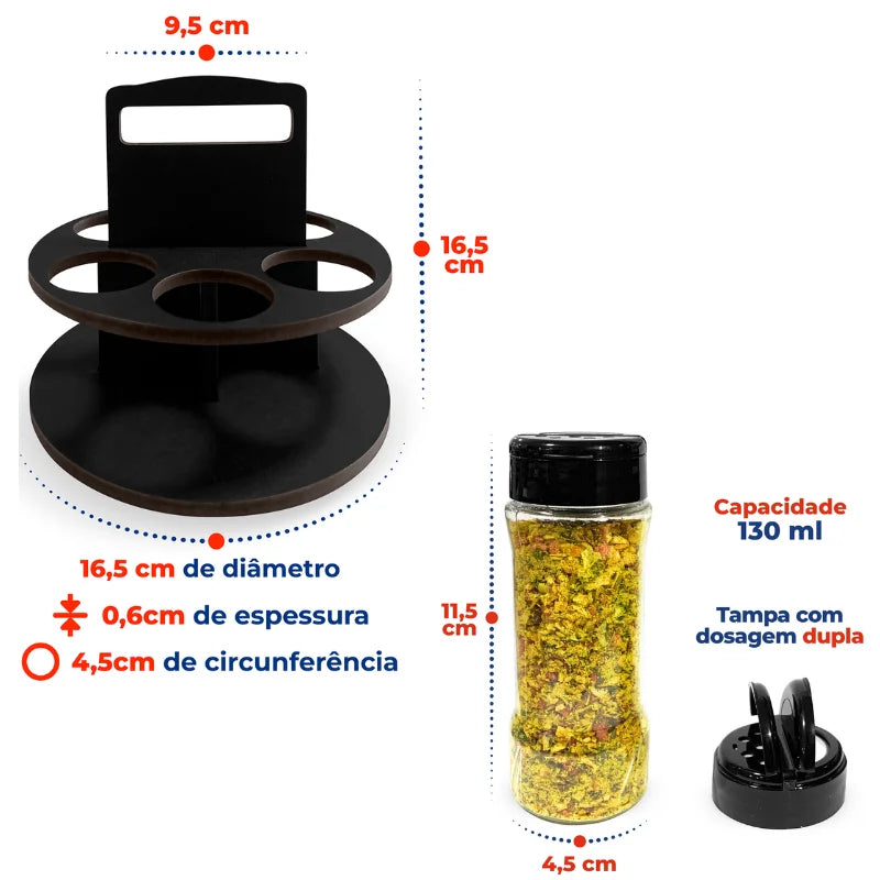 Porta Tempero e Especiarias com Alça de Madeira e 8 Potes Plástico 130ml Tampa Dosadora Dupla Organiza Cozinha e Dispensa