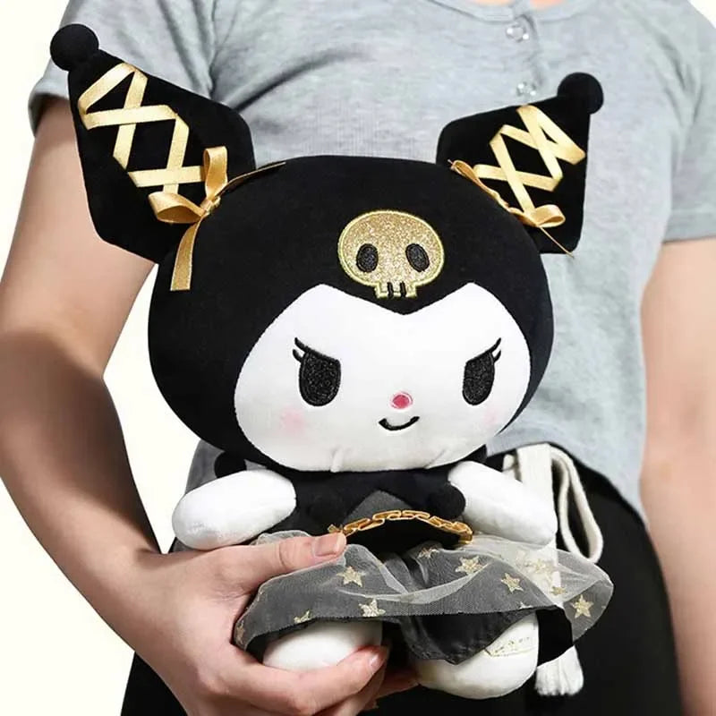 25CM Novo Sanrio Kawaii Preto Ouro Série Pelúcia Brinquedo de Pelúcia Macio Travesseiro Bonito Kuromi Hello Kitty Presente de Aniversário Brinquedo Infantil