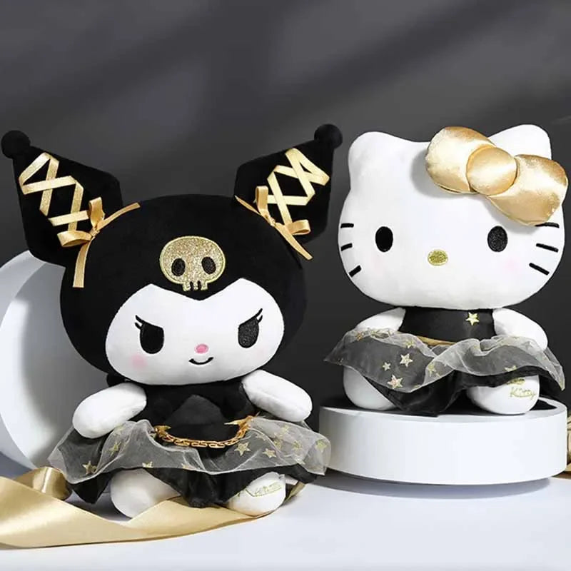 25CM Novo Sanrio Kawaii Preto Ouro Série Pelúcia Brinquedo de Pelúcia Macio Travesseiro Bonito Kuromi Hello Kitty Presente de Aniversário Brinquedo Infantil