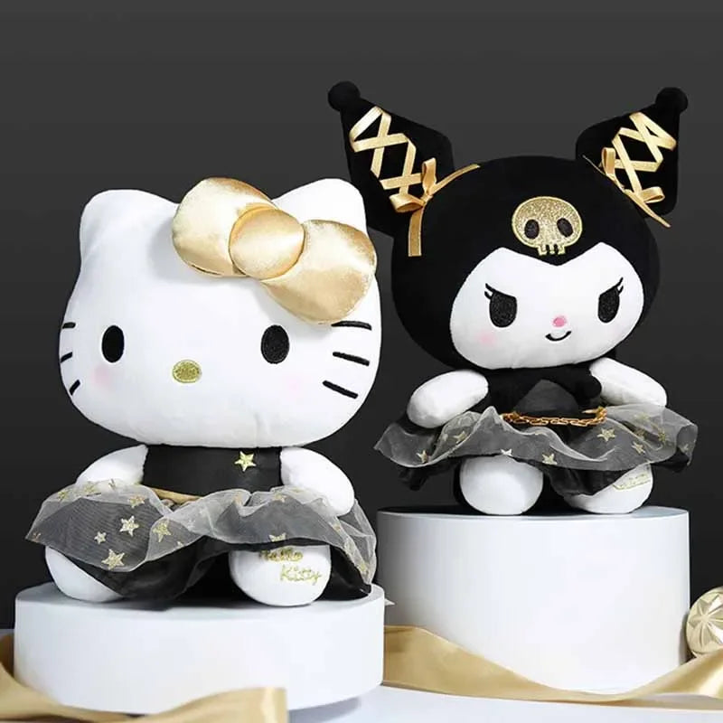 25CM Novo Sanrio Kawaii Preto Ouro Série Pelúcia Brinquedo de Pelúcia Macio Travesseiro Bonito Kuromi Hello Kitty Presente de Aniversário Brinquedo Infantil